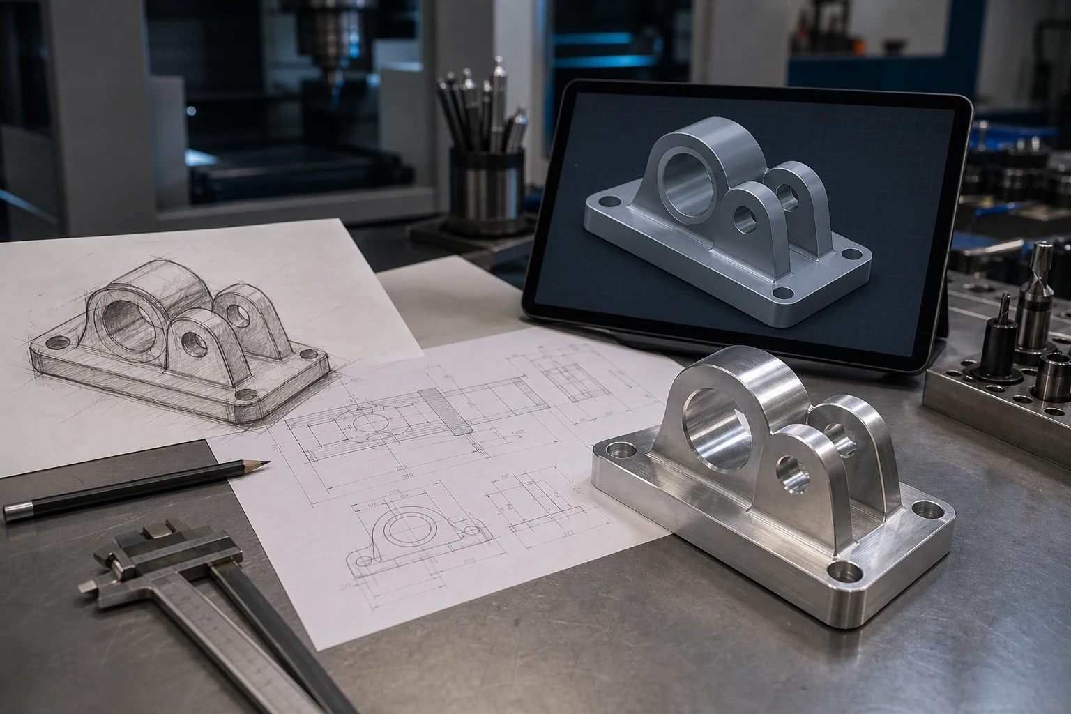 Idea sketch, technical drawing, CAD model, and finished machined part