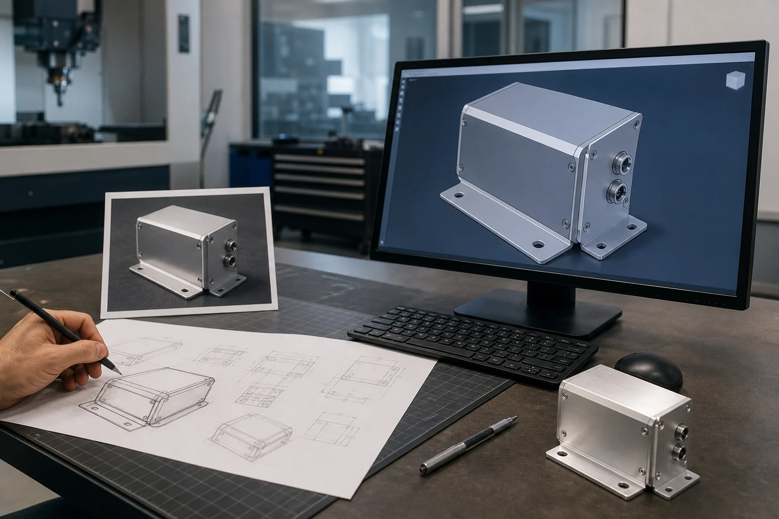 Designer turning sketches and reference photos into a CAD model